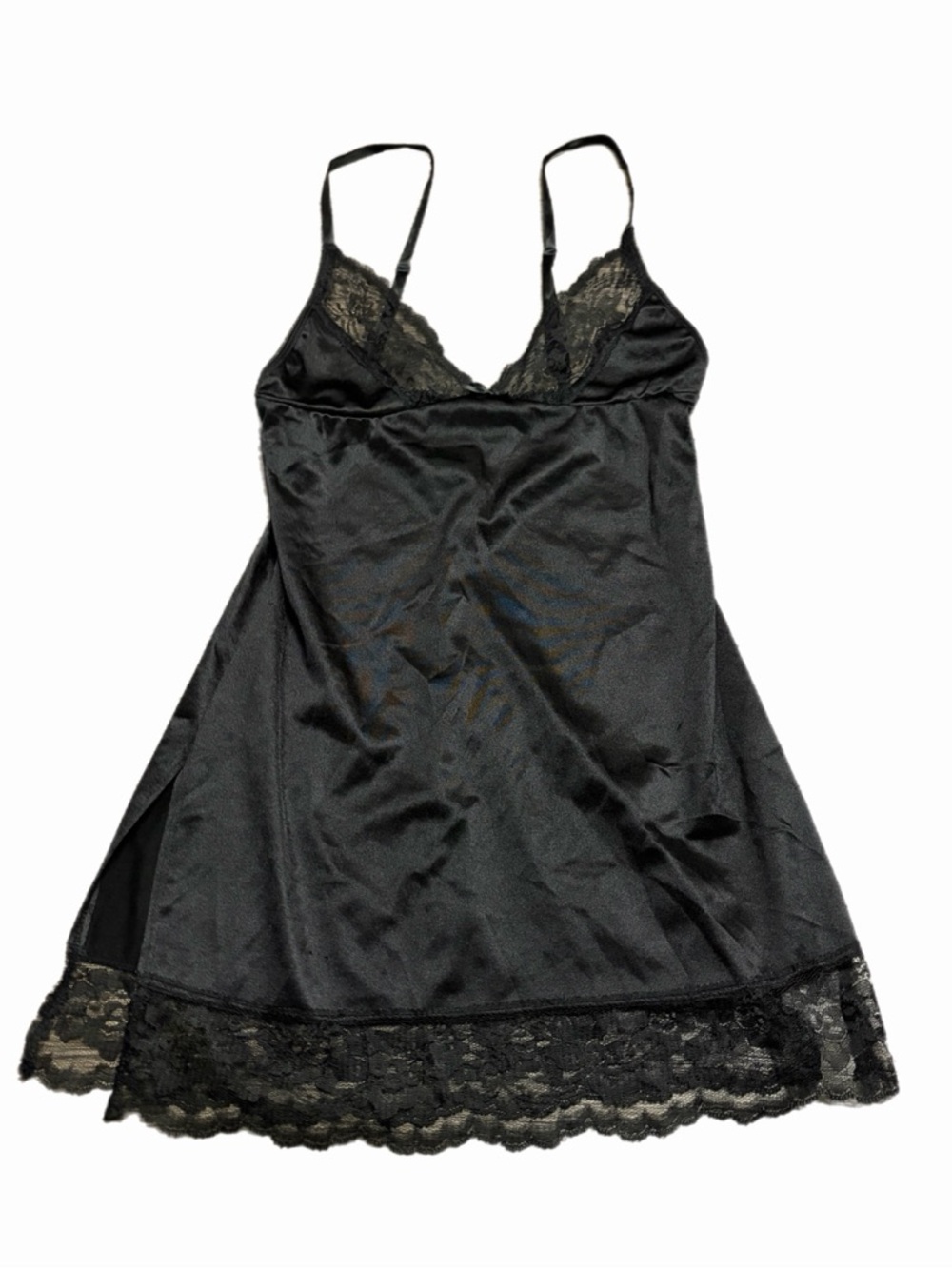 90s European Vintage Satin Lace Accent Mini Slip Dress (Black) Size S/M